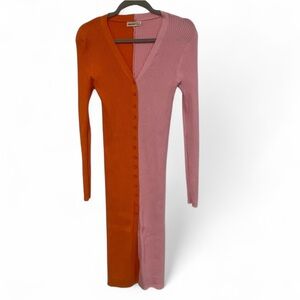 CMZ2005 RIBBED KNIT ORANGE PINK COLORBLOCK LONG SLEEVE BODYCON DRESS MEDIUM